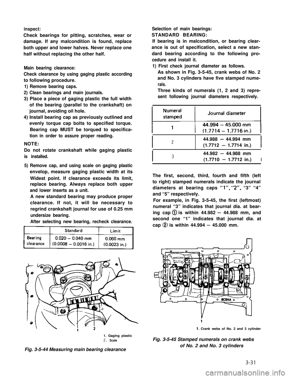 SUZUKI GRAND VITARA 1987 Service Manual Online inspect:
Check bearings for pitting, scratches, wear or
damage. If any malcondition is found, replace
both upper and lower halves. Never replace one
half without replacing the other half.
Main bearing SUZUKI GRAND VITARA 1987 Service Manual Online inspect:
Check bearings for pitting, scratches, wear or
damage. If any malcondition is found, replace
both upper and lower halves. Never replace one
half without replacing the other half.
Main bearing