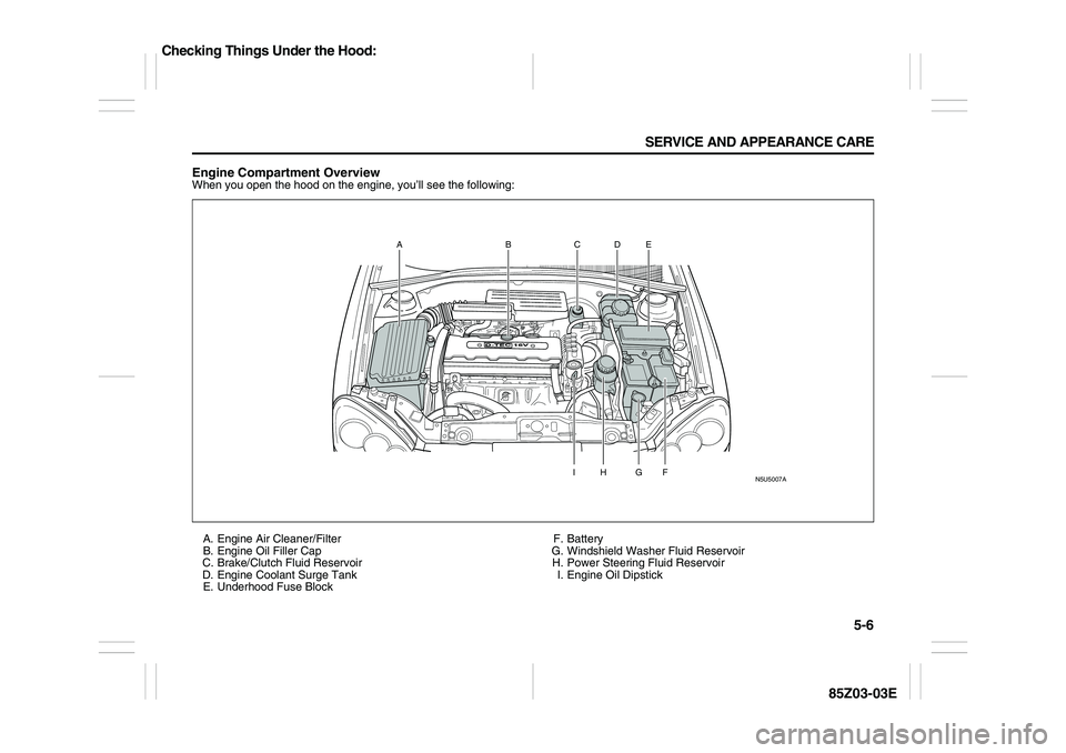 SUZUKI FORENZA 2007 Owners Manual 5-6 SERVICE AND APPEARANCE CARE
85Z03-03E
Engine Compartment OverviewWhen you open the hood on the engine, you’ll see the following:
A. Engine Air Cleaner/Filter
B. Engine Oil Filler Cap
C. Brake/Cl SUZUKI FORENZA 2007 Owners Manual 5-6 SERVICE AND APPEARANCE CARE
85Z03-03E
Engine Compartment OverviewWhen you open the hood on the engine, you’ll see the following:
A. Engine Air Cleaner/Filter
B. Engine Oil Filler Cap
C. Brake/Cl