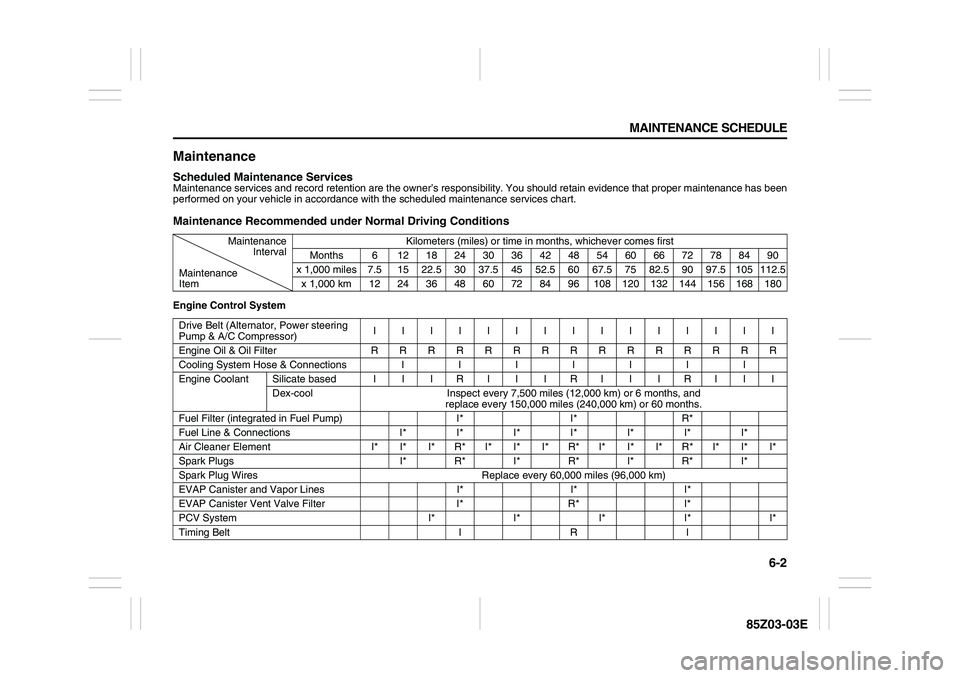 SUZUKI FORENZA 2007  Owners Manual 6-2 MAINTENANCE SCHEDULE
85Z03-03E
MaintenanceScheduled Maintenance ServicesMaintenance services and record retention are the owner’s responsibility. You should retain evidence that proper maintenan