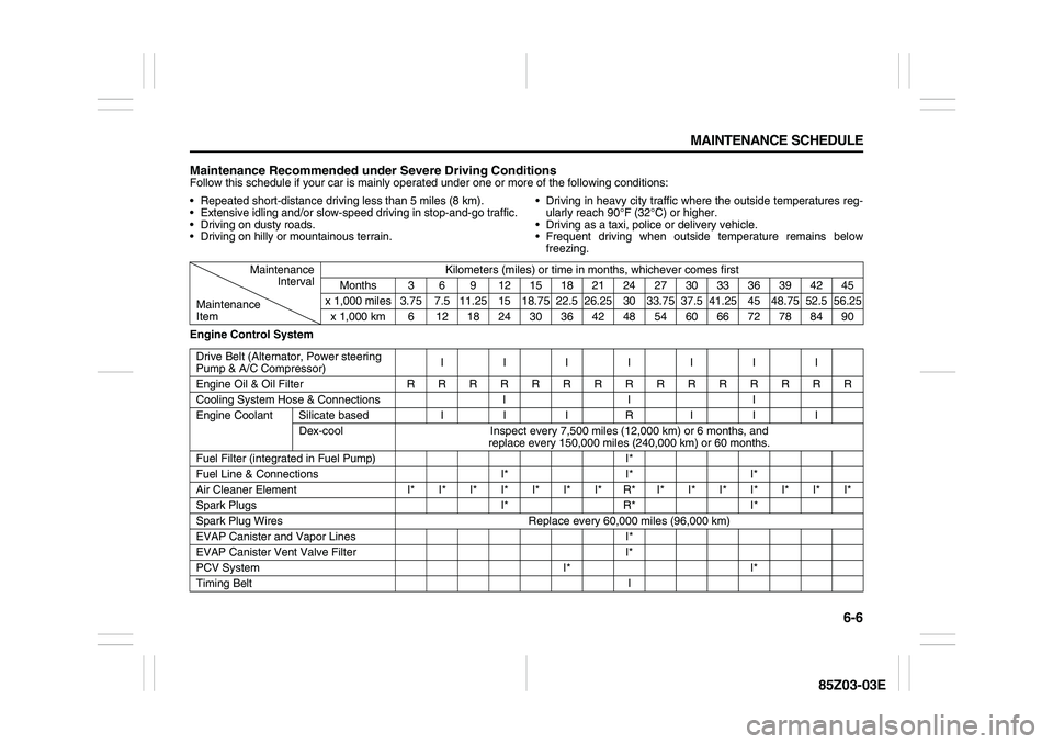 SUZUKI FORENZA 2007  Owners Manual 6-6 MAINTENANCE SCHEDULE
85Z03-03E
Maintenance Recommended under Severe Driving ConditionsFollow this schedule if your car is mainly operated under one or more of the following conditions:
Engine Cont