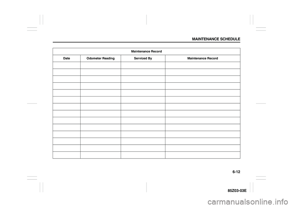 SUZUKI FORENZA 2007  Owners Manual 6-12 MAINTENANCE SCHEDULE
85Z03-03E
Maintenance Record
Date Odometer Reading Serviced By Maintenance Record 