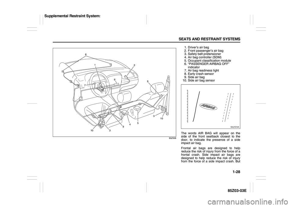 SUZUKI FORENZA 2007 Owners Guide 1-28 SEATS AND RESTRAINT SYSTEMS
85Z03-03E
85Z008
8
6
1010 2 1
7
9
5
4
3
3
9
1. Driver’s air bag
2. Front passenger’s air bag
3. Safety belt pretensioner
4. Air bag controller (SDM)
5. Occupant cl SUZUKI FORENZA 2007 Owners Guide 1-28 SEATS AND RESTRAINT SYSTEMS
85Z03-03E
85Z008
8
6
1010 2 1
7
9
5
4
3
3
9
1. Driver’s air bag
2. Front passenger’s air bag
3. Safety belt pretensioner
4. Air bag controller (SDM)
5. Occupant cl