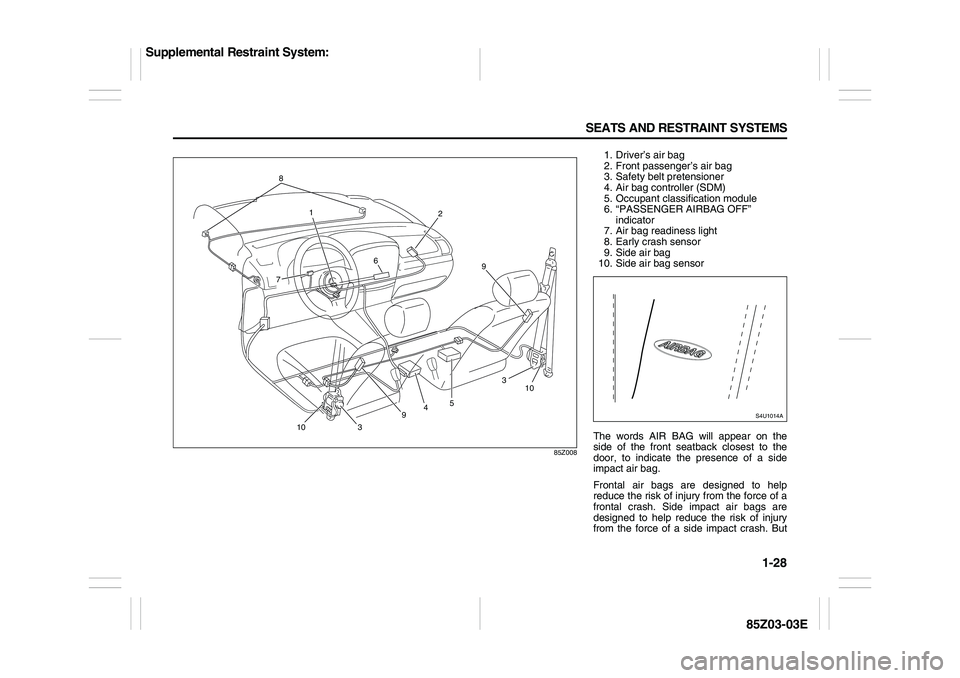 SUZUKI FORENZA 2007  Owners Manual 1-28 SEATS AND RESTRAINT SYSTEMS
85Z03-03E
85Z008
8
6
1010 2 1
7
9
5
4
3
3
9
1. Driver’s air bag
2. Front passenger’s air bag
3. Safety belt pretensioner
4. Air bag controller (SDM)
5. Occupant cl