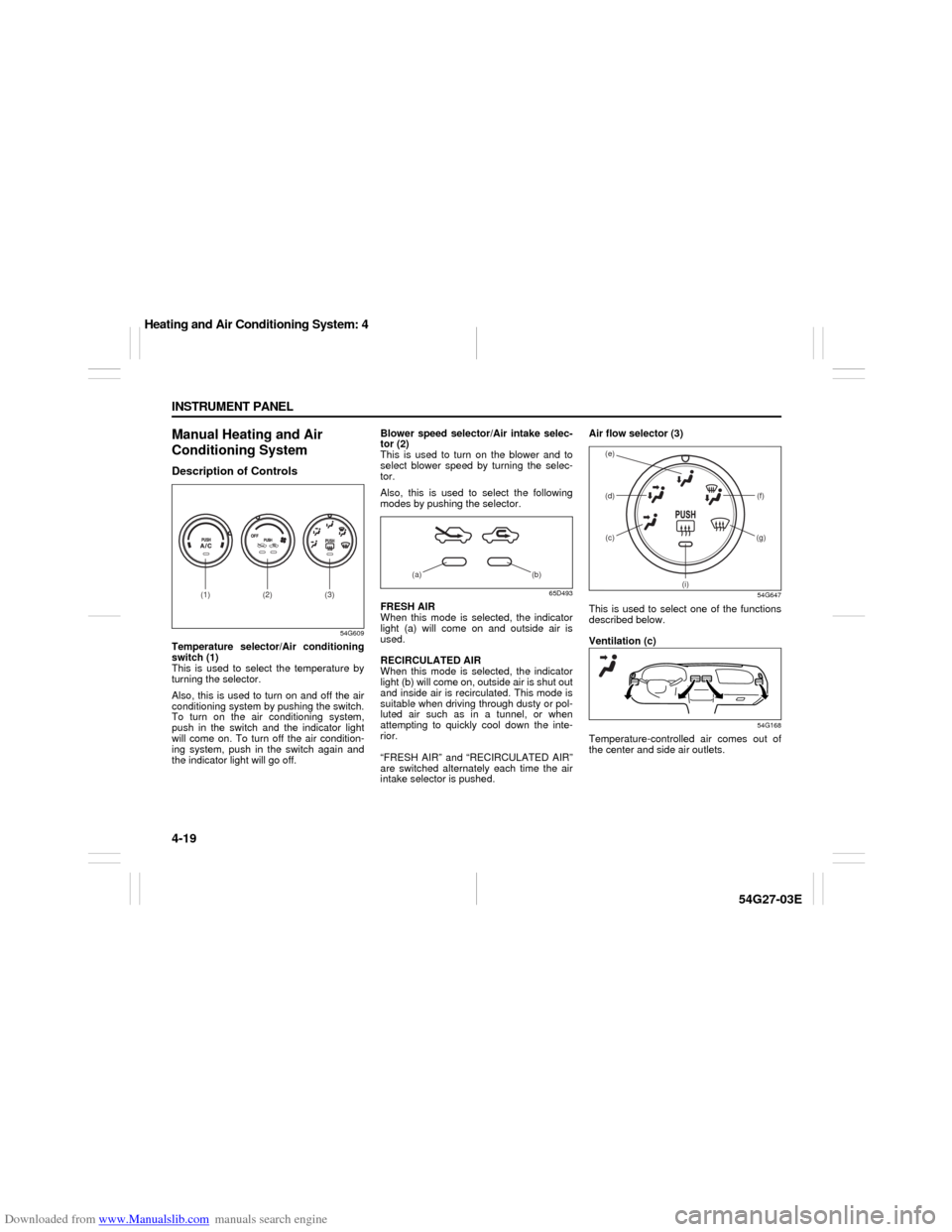 SUZUKI AERIO 2007 1.G Owners Manual Downloaded from www.Manualslib.com manuals search engine 4-19 INSTRUMENT PANEL
54G27-03E
Manual Heating and Air 
Conditioning SystemDescription of Controls
54G609
Temperature selector/Air conditioning