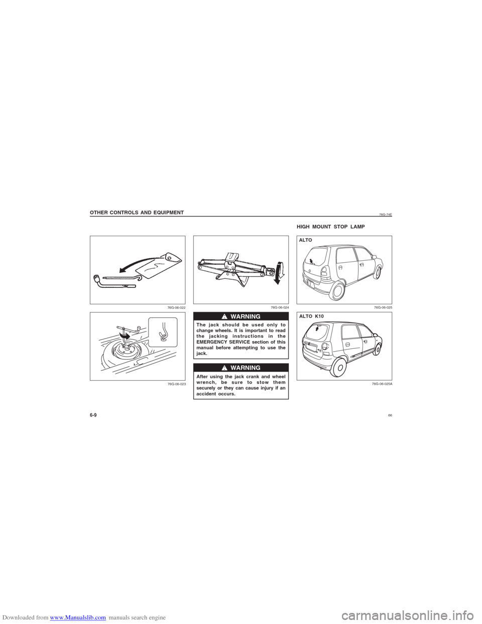 SUZUKI ALTO 2007 6.G Owners Manual Downloaded from www.Manualslib.com manuals search engine 66
76G-74E
6-9OTHER CONTROLS AND EQUIPMENT
76G-06-022
76G-06-023
The jack should be used only to
change wheels. It is important to read
the jac