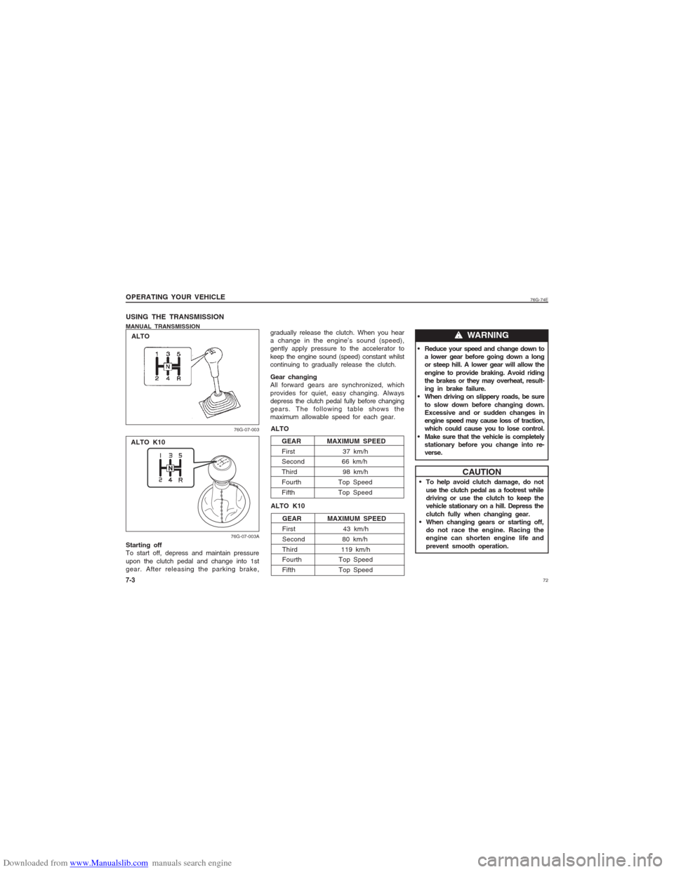 SUZUKI ALTO 2007 6.G Owners Manual Downloaded from www.Manualslib.com manuals search engine 72
76G-74E
7-3OPERATING YOUR VEHICLE
w ww w
w  WARNINGCAUTION
Starting off
To start off, depress and maintain pressure
upon the clutch pedal an