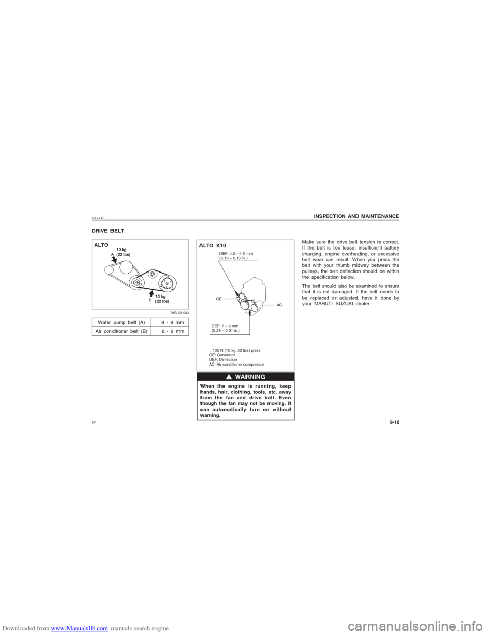 SUZUKI ALTO 2007 6.G Service Manual Downloaded from www.Manualslib.com manuals search engine 9376G-74E
INSPECTION AND MAINTENANCE
9-10
DRIVE BELT
When the engine is running, keep
hands, hair, clothing, tools, etc. away
from the fan and 