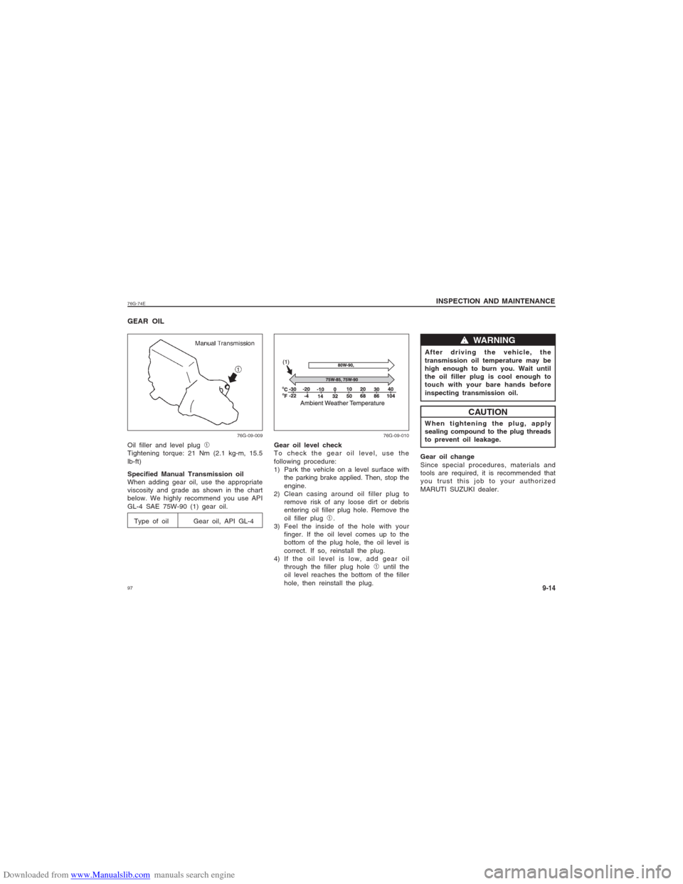 SUZUKI ALTO 2007 6.G Owners Manual Downloaded from www.Manualslib.com manuals search engine 9776G-74E
INSPECTION AND MAINTENANCE
9-14
GEAR OILOil filler and level plug 1
Tightening torque: 21 Nm (2.1 kg-m, 15.5
lb-ft)
Specified Manual 