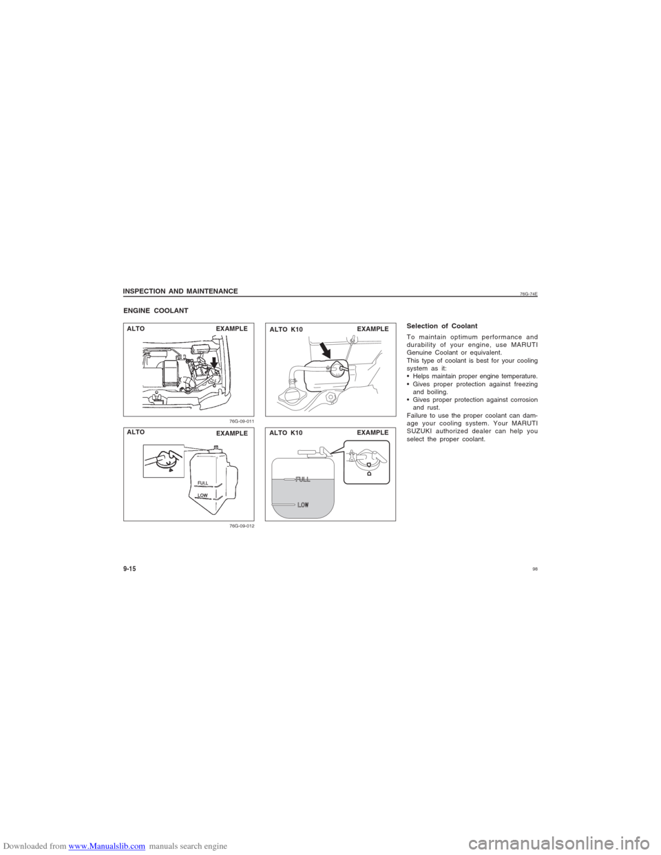 SUZUKI ALTO 2007 6.G Owners Manual Downloaded from www.Manualslib.com manuals search engine 98
76G-74E
INSPECTION AND MAINTENANCE9-15ENGINE COOLANT
76G-09-011
ALTO
76G-09-012
EXAMPLE
EXAMPLE EXAMPLE
ALTO K10
EXAMPLE ALTO
ALTO K10
Selec