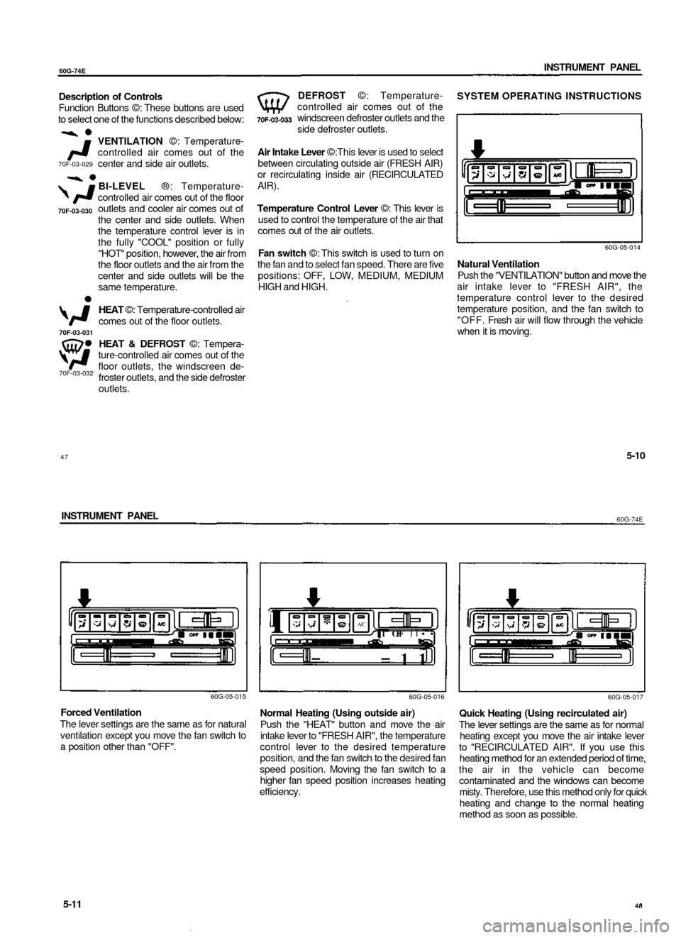 SUZUKI BALENO 1999 1.G Owners Manual
60G-74E
INSTRUMENT PANEL
Description of Controls
Function Buttons ©: These buttons are used
to select one of the functions described below:
VENTILATION ©: Temperature-
controlled air comes ou SUZUKI BALENO 1999 1.G Owners Manual
60G-74E
INSTRUMENT PANEL
Description of Controls
Function Buttons ©: These buttons are used
to select one of the functions described below:
VENTILATION ©: Temperature-
controlled air comes ou