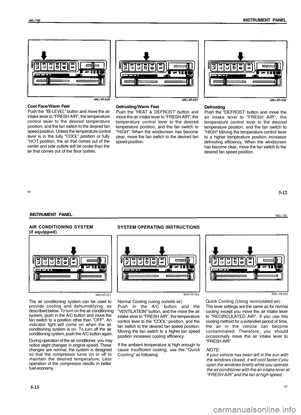 SUZUKI BALENO 1999 1.G Owners Manual
60G-74E
INSTRUMENT PANEL
60G-05-018
Cool Face/Warm Feet
Push the "BI-LEVEL" button and move the air
intake lever to "FRESH AIR", the temperature
control lever to the desired temperature
positi SUZUKI BALENO 1999 1.G Owners Manual
60G-74E
INSTRUMENT PANEL
60G-05-018
Cool Face/Warm Feet
Push the "BI-LEVEL" button and move the air
intake lever to "FRESH AIR", the temperature
control lever to the desired temperature
positi