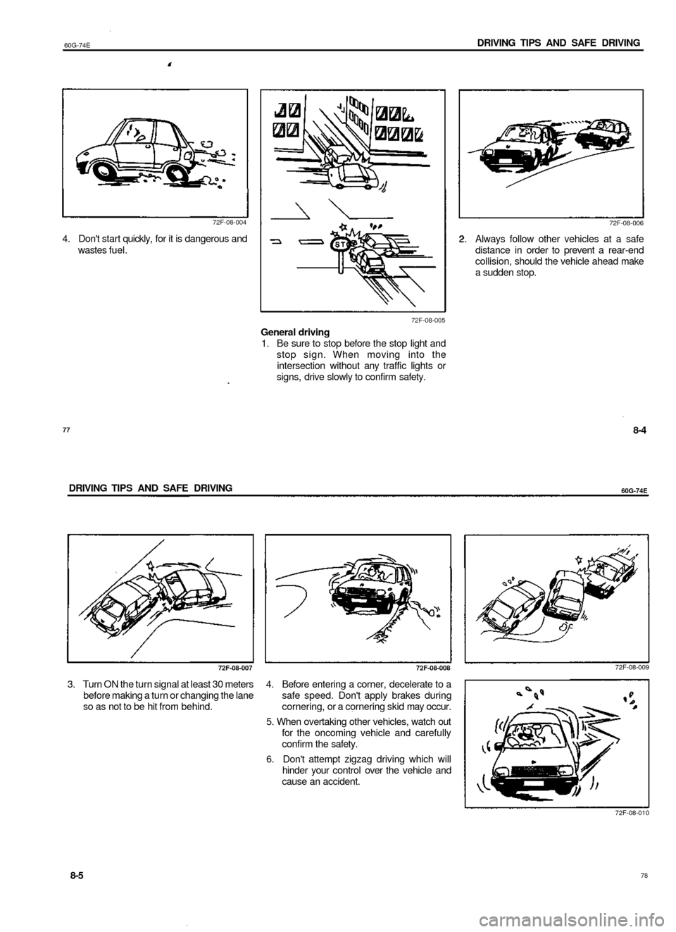 SUZUKI BALENO 1999 1.G Owners Guide
60G-74E
DRIVING TIPS AND SAFE DRIVING
72F-08-004
4. Dont start quickly, for it is dangerous and
wastes fuel.
72F-08-006
72F-08-005
General driving
1. Be sure to stop before the stop light an SUZUKI BALENO 1999 1.G Owners Guide
60G-74E
DRIVING TIPS AND SAFE DRIVING
72F-08-004
4. Dont start quickly, for it is dangerous and
wastes fuel.
72F-08-006
72F-08-005
General driving
1. Be sure to stop before the stop light an