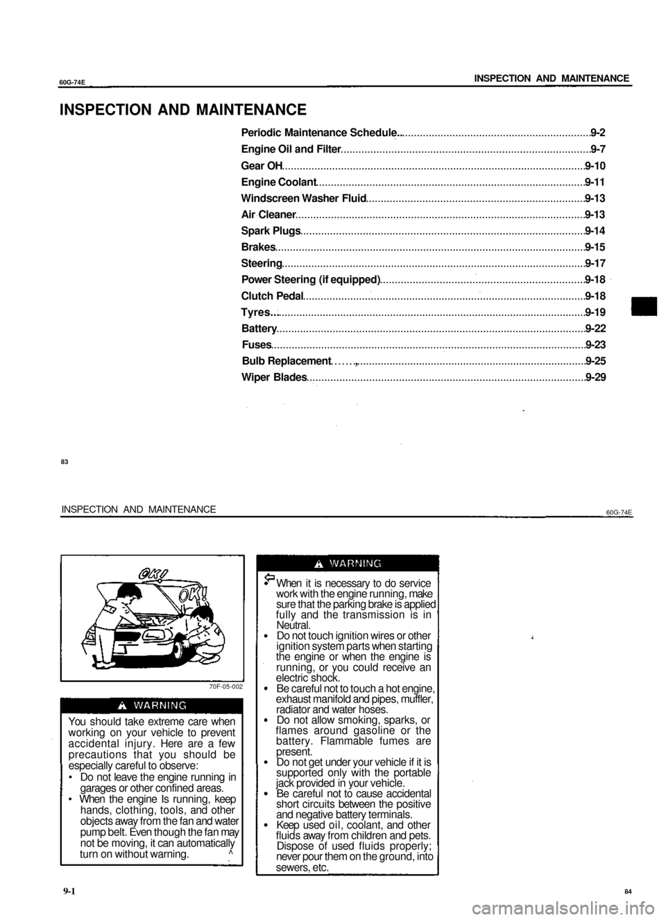 SUZUKI BALENO 1999 1.G Service Manual 
60G-74E 
INSPECTION AND MAINTENANCE

INSPECTION AND MAINTENANCE

Periodic Maintenance Schedule.. 9-2

Engine Oil and Filter 9-7

Gear OH 9-10

Engine Coolant 9-11

Windscreen Washer Fluid 9-13

Air C