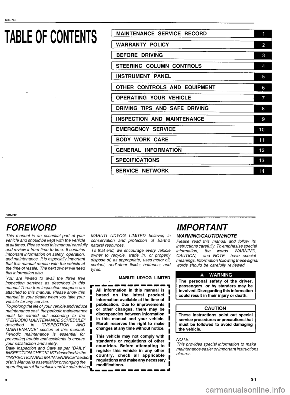 SUZUKI BALENO 1999 1.G Repair Manual 
60G-74E

TABLE OF CONTENTS 
MAINTENANCE SERVICE RECORD

WARRANTY POLICY

BEFORE DRIVING

STEERING COLUMN CONTROLS

INSTRUMENT PANEL

OTHER CONTROLS AND EQUIPMENT

OPERATING YOUR VEHICLE

DRIVING TIPS