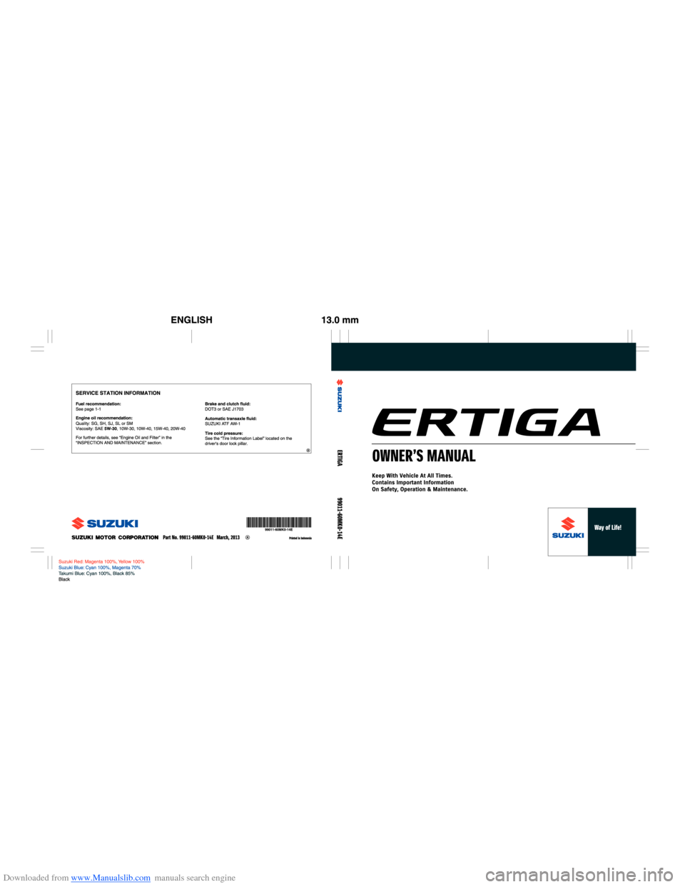 SUZUKI ERTIGA 2013 1.G Owners Manual 