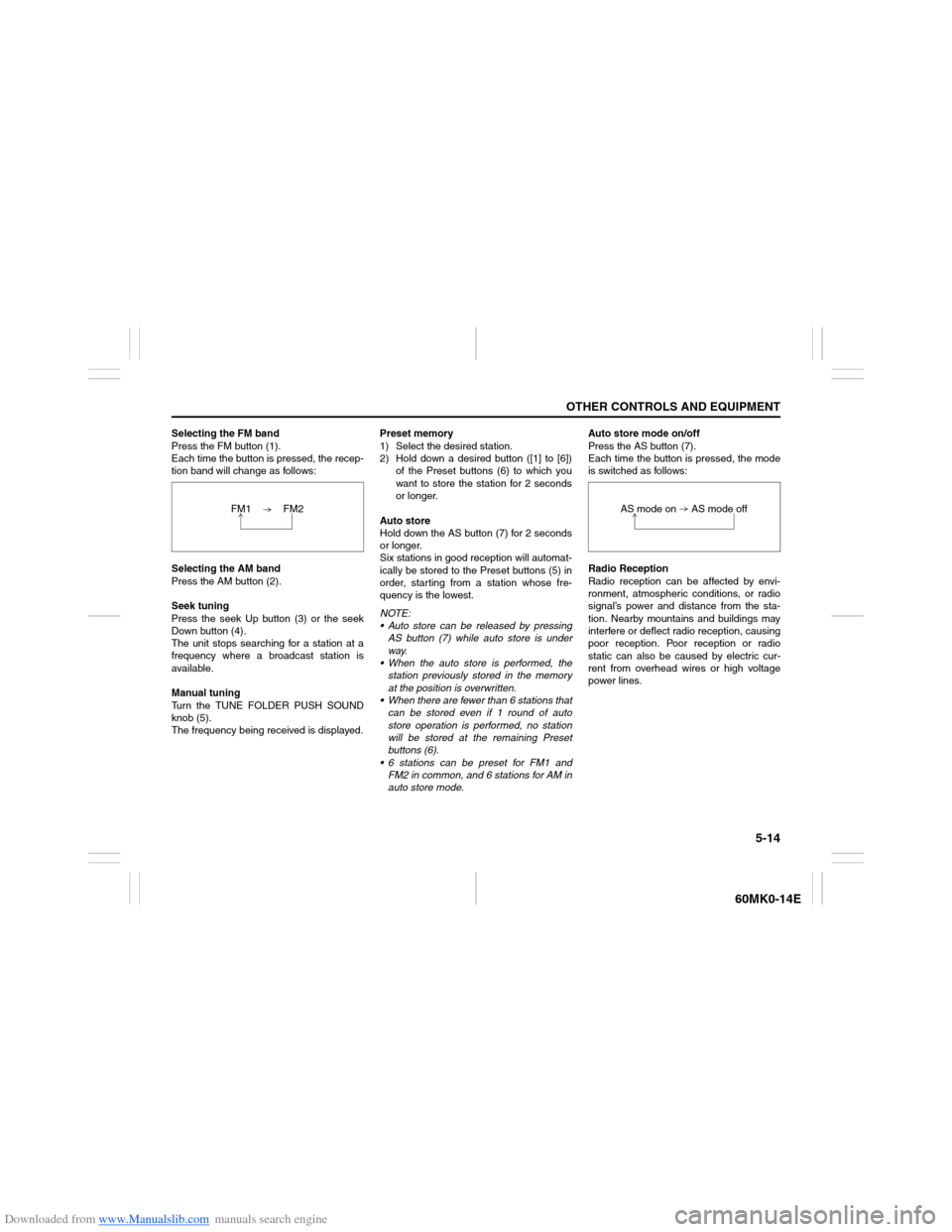 SUZUKI ERTIGA 2013 1.G Owners Manual Downloaded from www.Manualslib.com manuals search engine 5-14
OTHER CONTROLS AND EQUIPMENT
60MK0-14E
Selecting the FM band
Press the FM button (1).
Each time the button is pressed, the recep-
tion ban