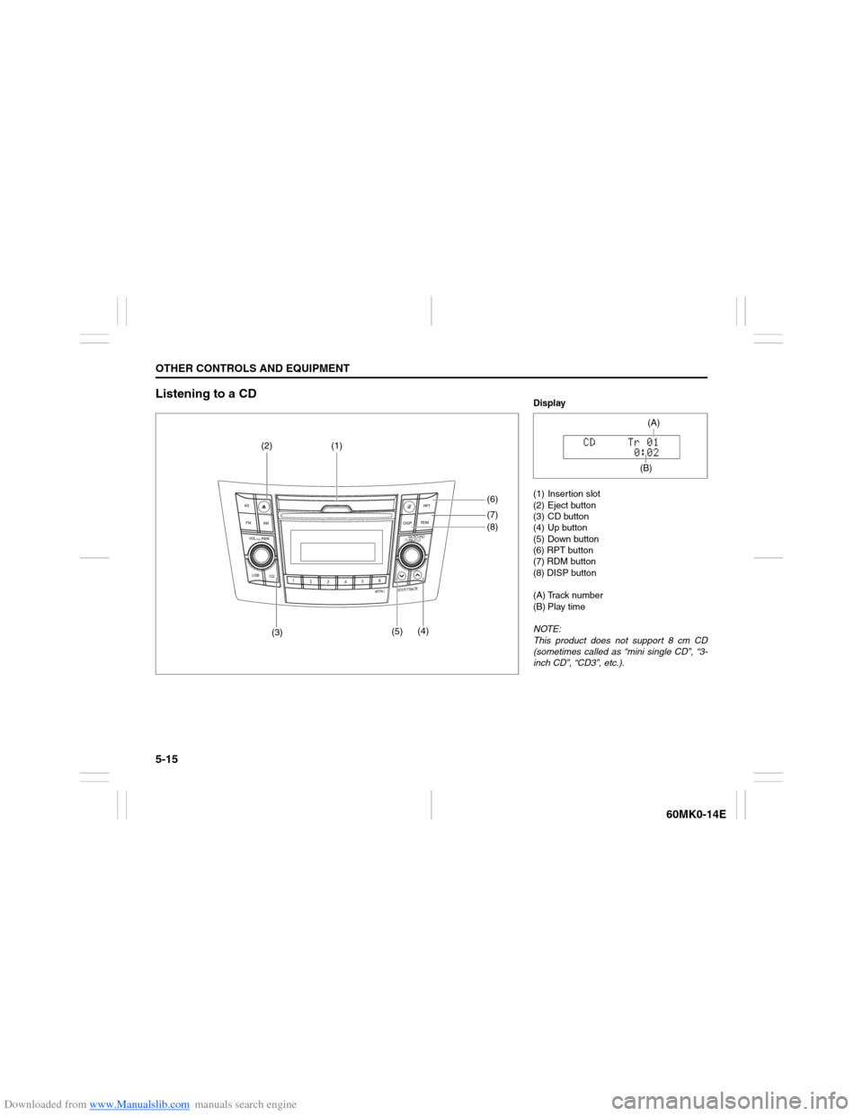 SUZUKI ERTIGA 2013 1.G Owners Manual Downloaded from www.Manualslib.com manuals search engine 5-15OTHER CONTROLS AND EQUIPMENT
60MK0-14E
Listening to a CD
USB
CD
1
2
3456
MENU
SEEK/TRACK
AS
AM FMRPT
RDM
DISP
PUSH SOUND
TUNE/FLD
VO L PUSH