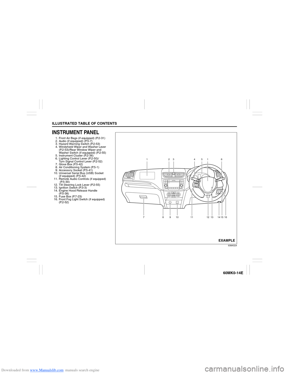 SUZUKI ERTIGA 2013 1.G User Guide Downloaded from www.Manualslib.com manuals search engine ILLUSTRATED TABLE OF CONTENTS
60MK0-14E
INSTRUMENT PANEL1. Front Air Bags (if equipped) (P.2-31)
2. Audio (if equipped) (P.5-7)
3. Hazard Warni