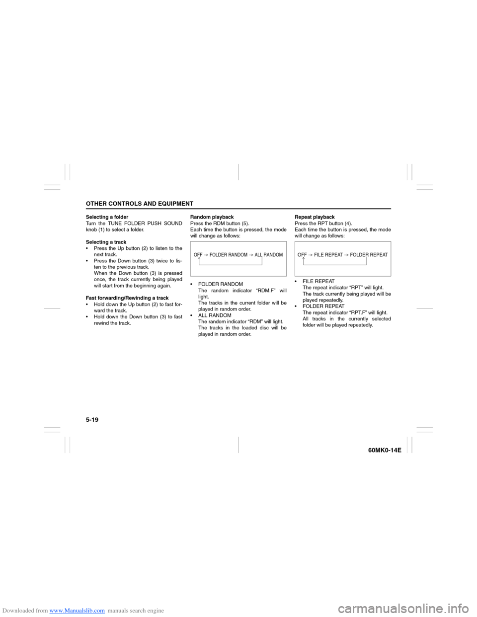 SUZUKI ERTIGA 2013 1.G Owners Manual Downloaded from www.Manualslib.com manuals search engine 5-19OTHER CONTROLS AND EQUIPMENT
60MK0-14E
Selecting a folder
Turn the TUNE FOLDER PUSH SOUND
knob (1) to select a folder.
Selecting a track
 