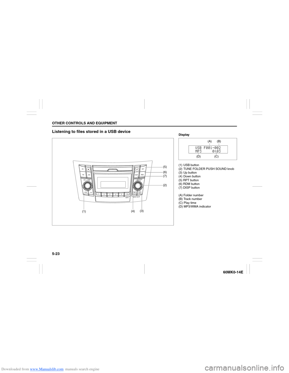 SUZUKI ERTIGA 2013 1.G Owners Manual Downloaded from www.Manualslib.com manuals search engine 5-23OTHER CONTROLS AND EQUIPMENT
60MK0-14E
Listening to files stored in a USB device
USB
CD
1
2
3456
MENU
SEEK/TRACK
AS
AM FMRPT
RDM
DISP
PUSH 