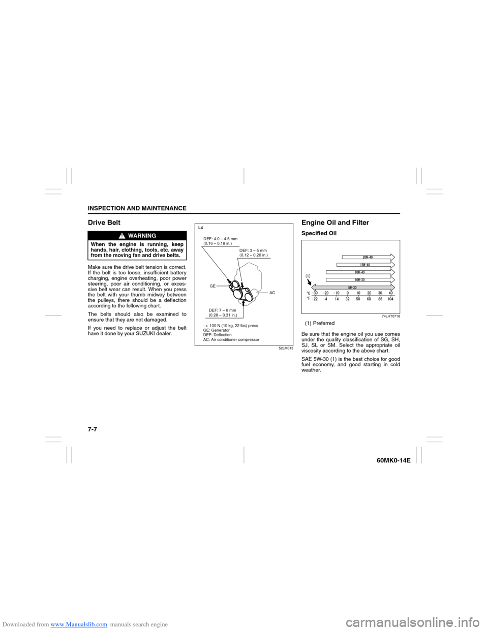 SUZUKI ERTIGA 2013 1.G User Guide Downloaded from www.Manualslib.com manuals search engine 7-7INSPECTION AND MAINTENANCE
60MK0-14E
Drive BeltMake sure the drive belt tension is correct.
If the belt is too loose, insufficient battery
c