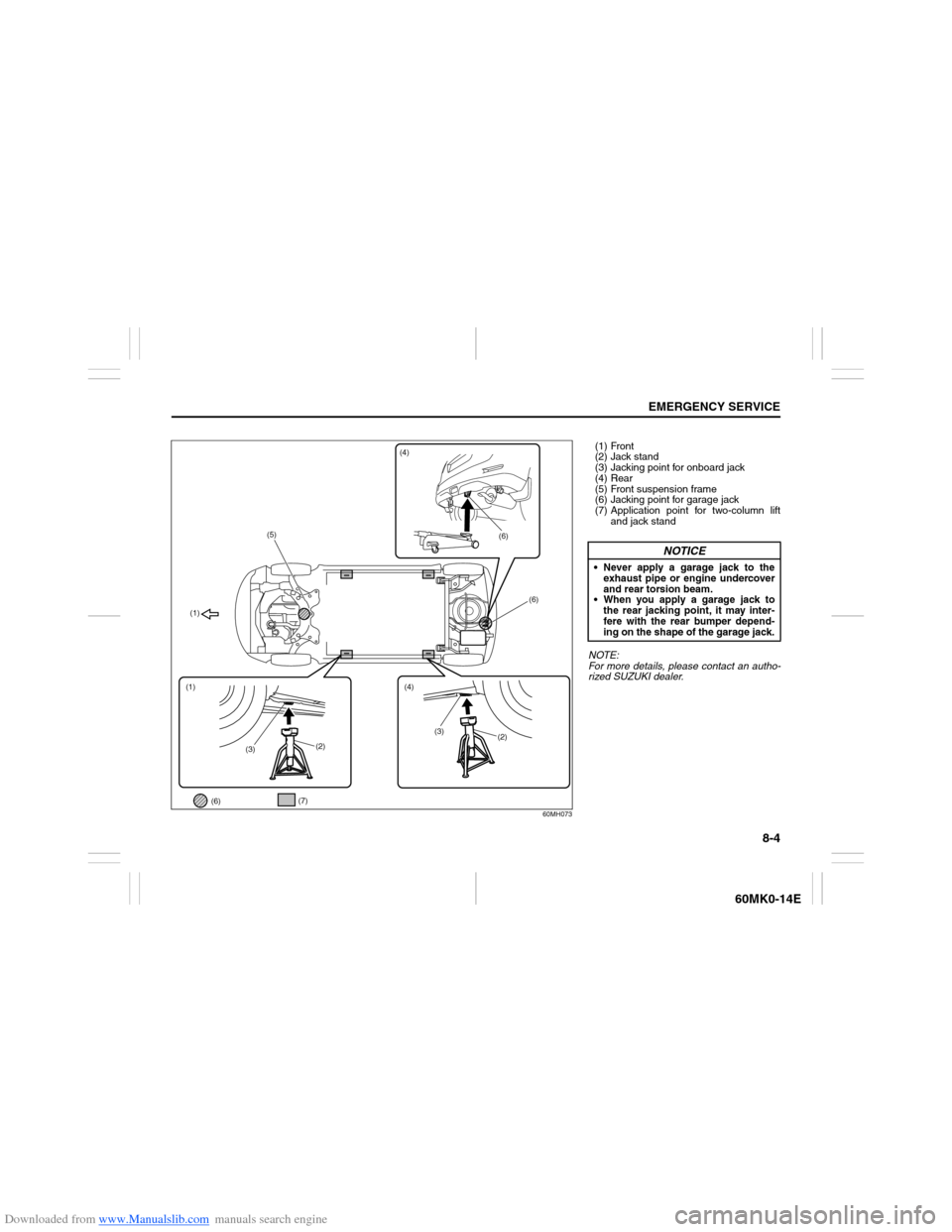 SUZUKI ERTIGA 2013 1.G Owners Manual Downloaded from www.Manualslib.com manuals search engine 8-4
EMERGENCY SERVICE
60MK0-14E
60MH073
(1)
(1)
(2)(2)
(3)(4)
(5)
(6)(7)
(6)
(6)
(4)
(3)
(1) Front
(2) Jack stand
(3) Jacking point for onboard