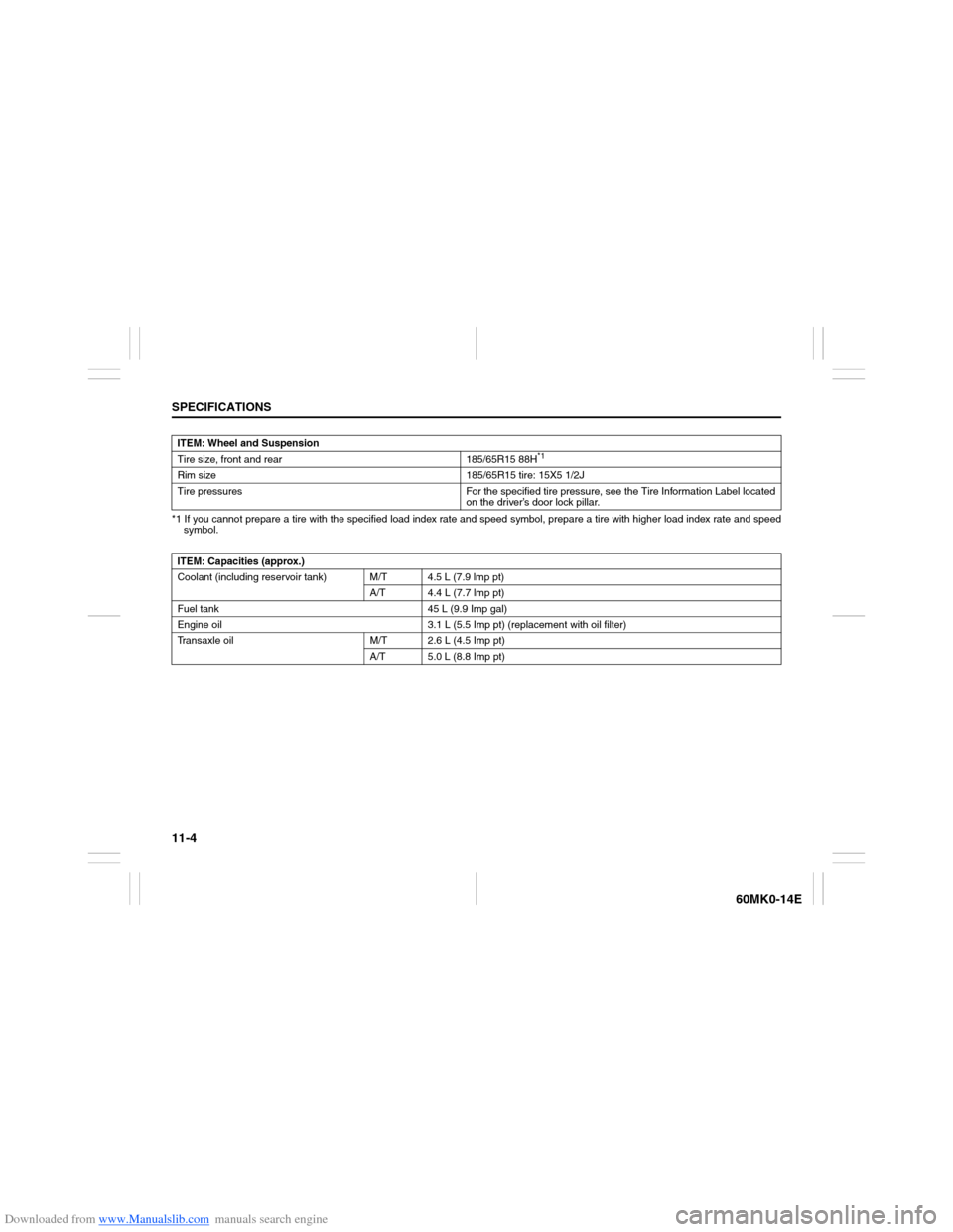 SUZUKI ERTIGA 2013 1.G Owners Manual Downloaded from www.Manualslib.com manuals search engine 11-4SPECIFICATIONS
60MK0-14E
*1 If you cannot prepare a tire with the specified load index rate and speed symbol, prepare a tire with higher lo