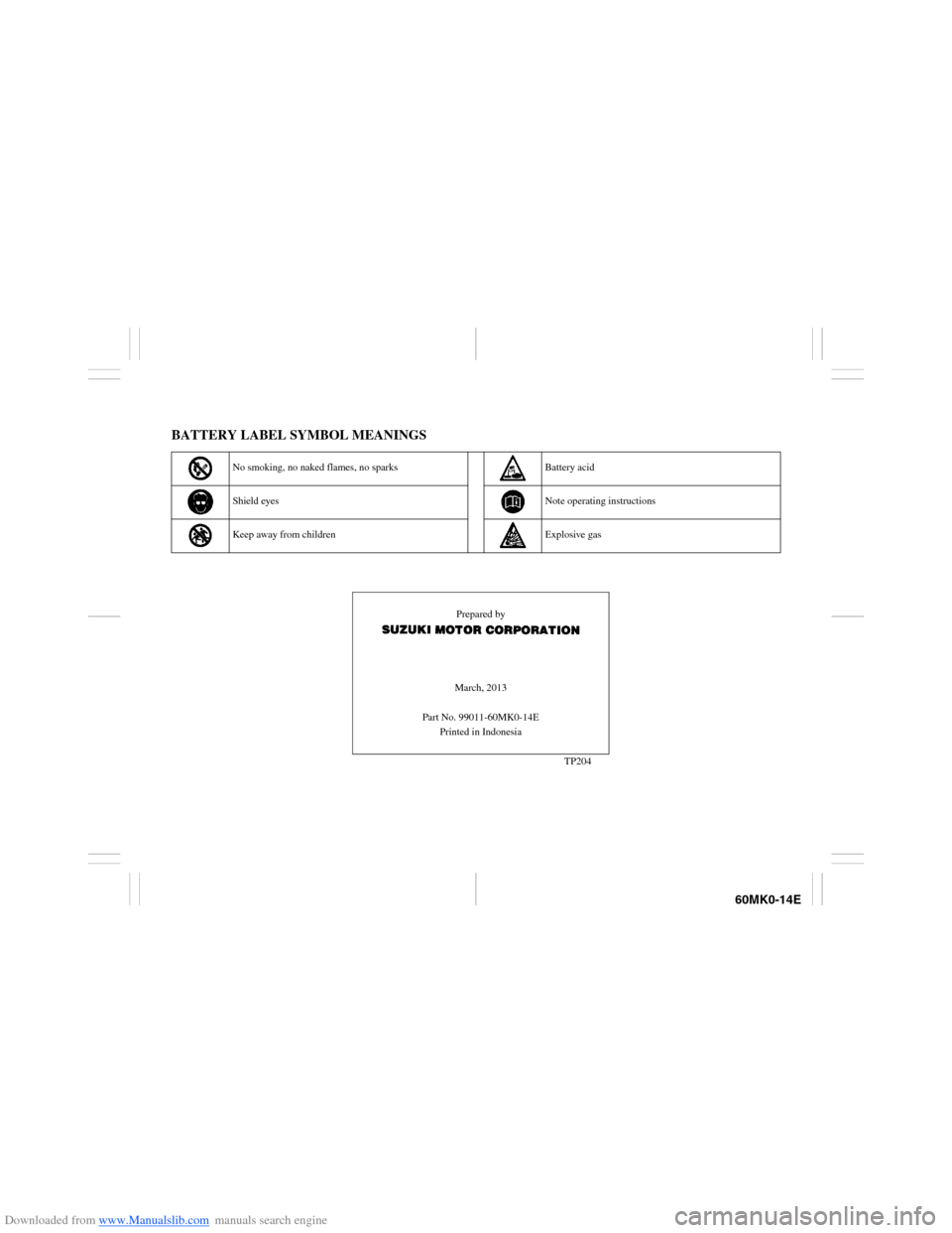 SUZUKI ERTIGA 2013 1.G Owners Manual Downloaded from www.Manualslib.com manuals search engine 60MK0-14E
BATTERY LABEL SYMBOL MEANINGS
No smoking, no naked flames, no sparks
Battery acid
Shield eyes
Note operating instructions
Keep away f