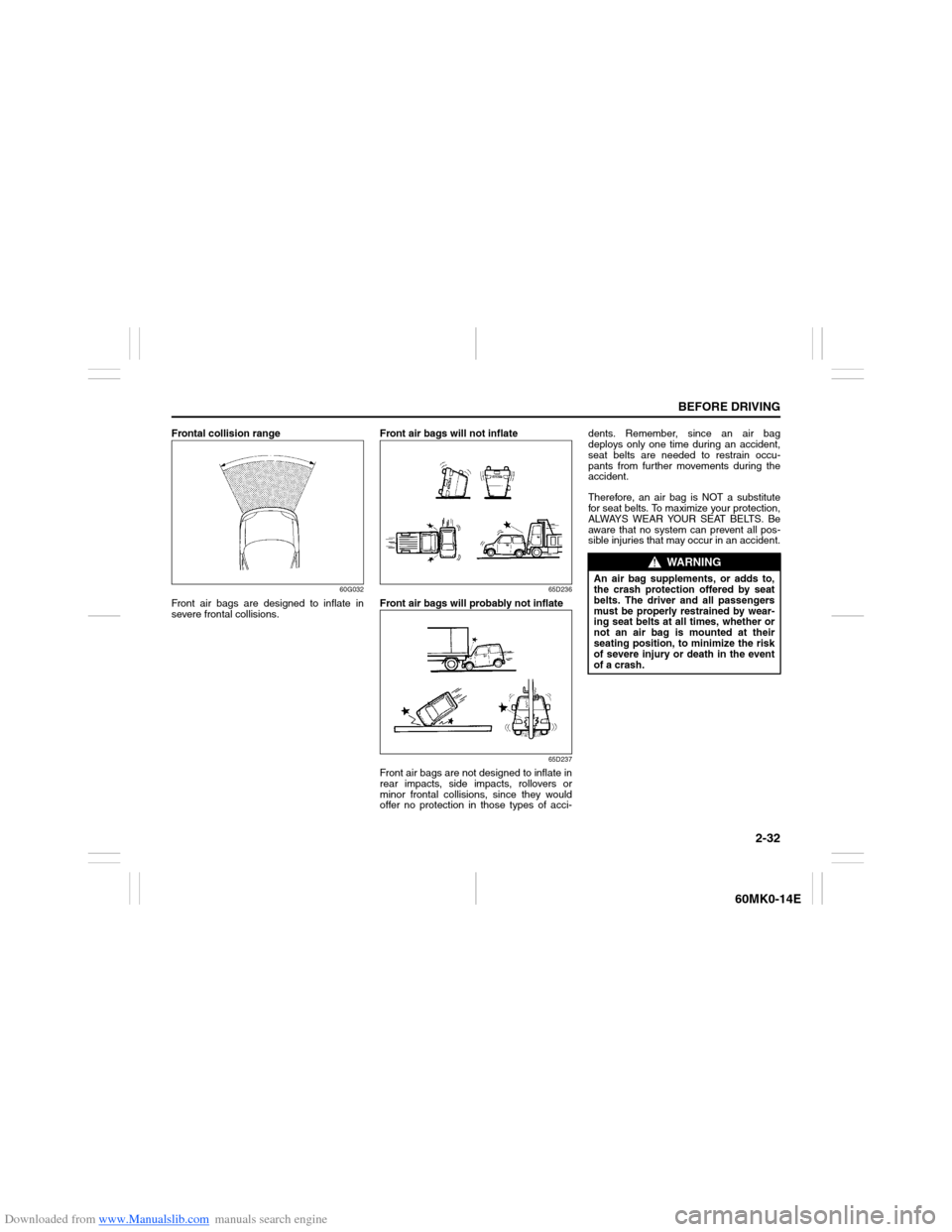 SUZUKI ERTIGA 2013 1.G Service Manual Downloaded from www.Manualslib.com manuals search engine 2-32
BEFORE DRIVING
60MK0-14E
Frontal collision range
60G032
Front air bags are designed to inflate in
severe frontal collisions.Front air bags SUZUKI ERTIGA 2013 1.G Service Manual Downloaded from www.Manualslib.com manuals search engine 2-32
BEFORE DRIVING
60MK0-14E
Frontal collision range
60G032
Front air bags are designed to inflate in
severe frontal collisions.Front air bags