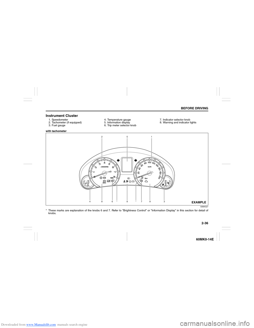 SUZUKI ERTIGA 2013 1.G Owners Manual Downloaded from www.Manualslib.com manuals search engine 2-36
BEFORE DRIVING
60MK0-14E
Instrument Cluster1. Speedometer
2. Tachometer (if equipped)
3. Fuel gauge4. Temperature gauge
5. Information dis