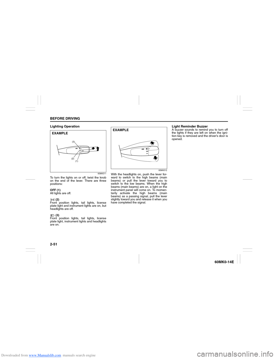 SUZUKI ERTIGA 2013 1.G Repair Manual Downloaded from www.Manualslib.com manuals search engine 2-51BEFORE DRIVING
60MK0-14E
Lighting Operation
60MK011
To turn the lights on or off, twist the knob
on the end of the lever. There are three
SUZUKI ERTIGA 2013 1.G Repair Manual Downloaded from www.Manualslib.com manuals search engine 2-51BEFORE DRIVING
60MK0-14E
Lighting Operation
60MK011
To turn the lights on or off, twist the knob
on the end of the lever. There are three