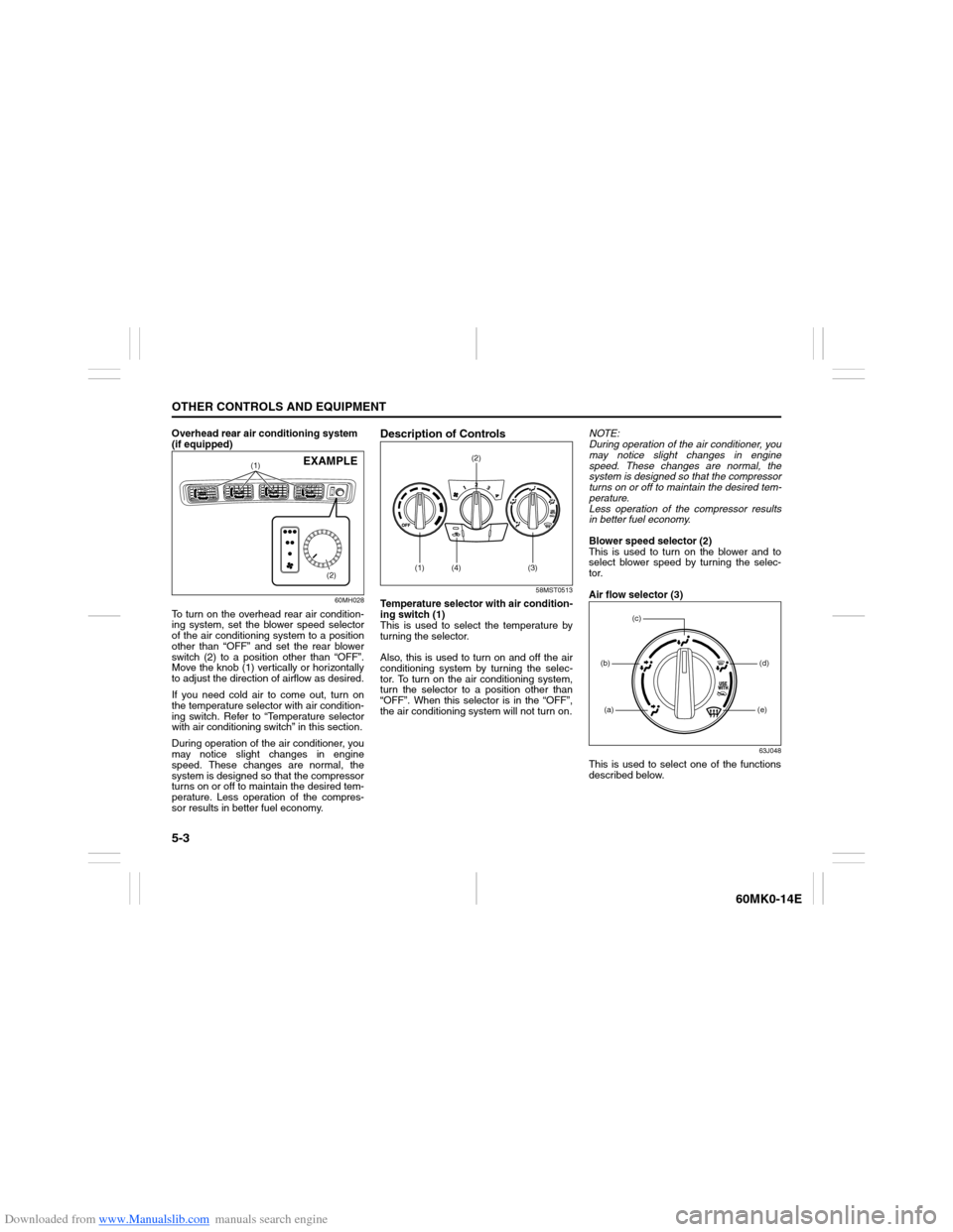 SUZUKI ERTIGA 2013 1.G Owners Manual Downloaded from www.Manualslib.com manuals search engine 5-3OTHER CONTROLS AND EQUIPMENT
60MK0-14E
Overhead rear air conditioning system 
(if equipped)
60MH028
To turn on the overhead rear air conditi