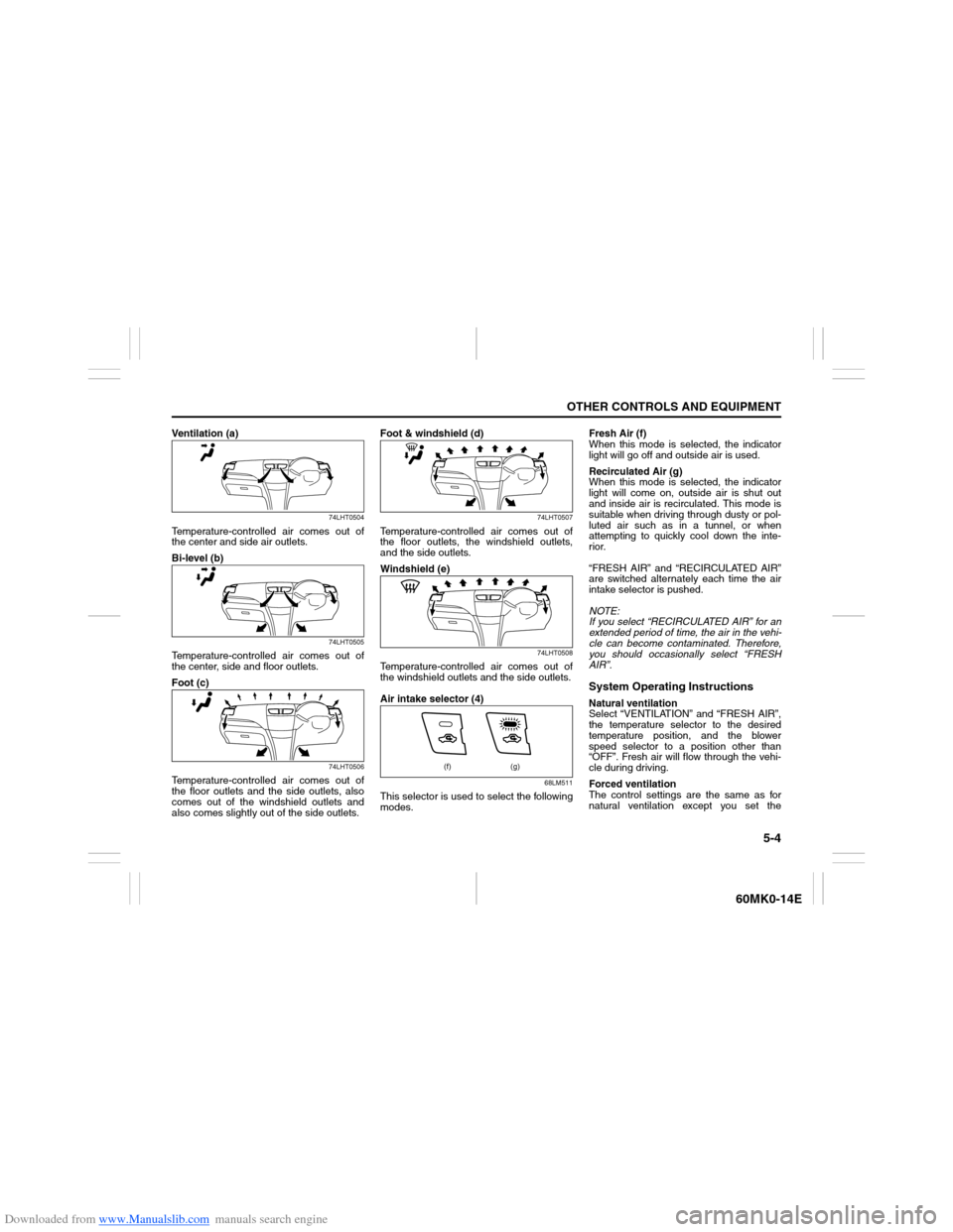 SUZUKI ERTIGA 2013 1.G Owners Manual Downloaded from www.Manualslib.com manuals search engine 5-4
OTHER CONTROLS AND EQUIPMENT
60MK0-14E
Ventilation (a)
74LHT0504
Temperature-controlled air comes out of
the center and side air outlets.
B SUZUKI ERTIGA 2013 1.G Owners Manual Downloaded from www.Manualslib.com manuals search engine 5-4
OTHER CONTROLS AND EQUIPMENT
60MK0-14E
Ventilation (a)
74LHT0504
Temperature-controlled air comes out of
the center and side air outlets.
B