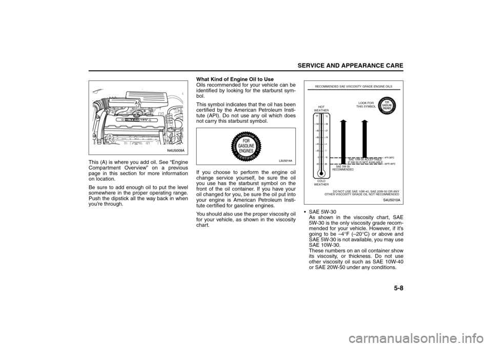 SUZUKI FORENZA 2008 1.G Owners Manual 5-8
SERVICE AND APPEARANCE CARE
85Z04-03E
This (A) is where you add oil. See “Engine
Compartment Overview” on a previous
page in this section for more information
on location.
Be sure to add enoug