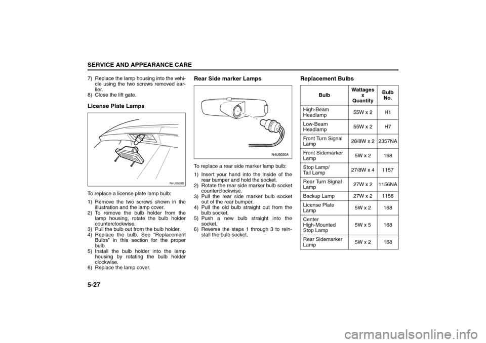 SUZUKI FORENZA 2008 1.G Owners Manual 5-27SERVICE AND APPEARANCE CARE
85Z04-03E
7) Replace the lamp housing into the vehi-
cle using the two screws removed ear-
lier.
8) Close the lift gate.License Plate LampsTo replace a license plate la SUZUKI FORENZA 2008 1.G Owners Manual 5-27SERVICE AND APPEARANCE CARE
85Z04-03E
7) Replace the lamp housing into the vehi-
cle using the two screws removed ear-
lier.
8) Close the lift gate.License Plate LampsTo replace a license plate la