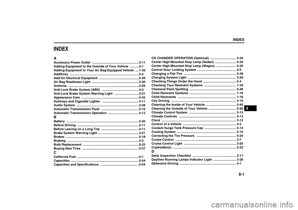 SUZUKI FORENZA 2008 1.G Owners Manual 8-1
INDEX
88
85Z04-03E
INDEXAAccessory Power Outlet
.....................................................3-11
Adding Equipment to the Outside of Your Vehicle
..........5-1
Adding Equipment to Your A SUZUKI FORENZA 2008 1.G Owners Manual 8-1
INDEX
88
85Z04-03E
INDEXAAccessory Power Outlet
.....................................................3-11
Adding Equipment to the Outside of Your Vehicle
..........5-1
Adding Equipment to Your A