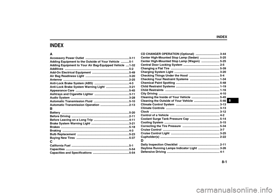 SUZUKI FORENZA 2008 1.G Owners Manual 8-1
INDEX
88
85Z04-03E
INDEXAAccessory Power Outlet
 .....................................................3-11
Adding Equipment to the Outside of Your Vehicle
 ..........5-1
Adding Equipment to Your A