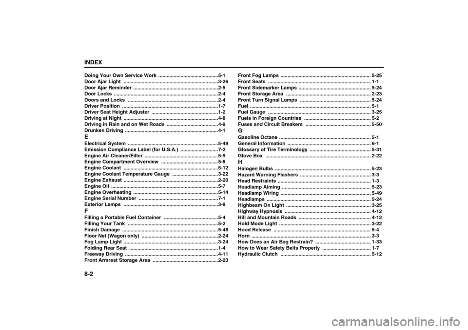 SUZUKI FORENZA 2008 1.G Owners Manual 8-2INDEX
85Z04-03E
Doing Your Own Service Work
 ...........................................5-1
Door Ajar Light
 ....................................................................3-26
Door Ajar Remin