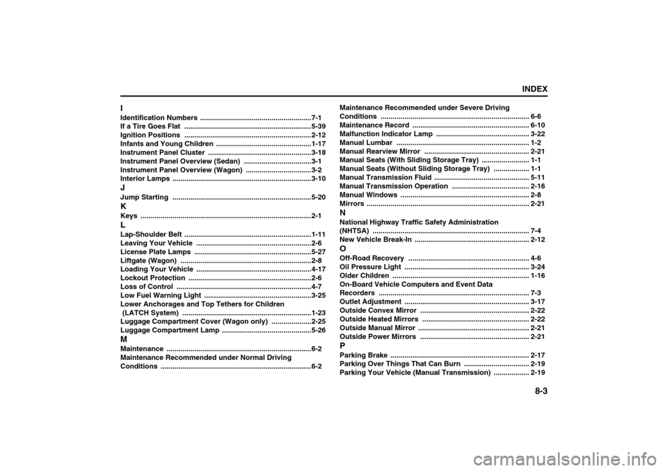 SUZUKI FORENZA 2008 1.G Owners Manual 8-3
INDEX85Z04-03E
IIdentification Numbers
 ........................................................7-1
If a Tire Goes Flat
 ................................................................5-39
Igniti