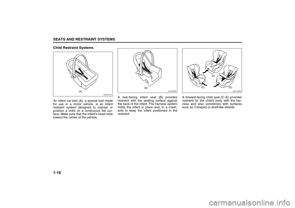 SUZUKI FORENZA 2008 1.G Owners Guide 1-19SEATS AND RESTRAINT SYSTEMS
85Z04-03E
Child Restraint SystemsAn infant car bed (A), a special bed made
for use in a motor vehicle, is an infant
restraint system designed to restrain or
position a SUZUKI FORENZA 2008 1.G Owners Guide 1-19SEATS AND RESTRAINT SYSTEMS
85Z04-03E
Child Restraint SystemsAn infant car bed (A), a special bed made
for use in a motor vehicle, is an infant
restraint system designed to restrain or
position a