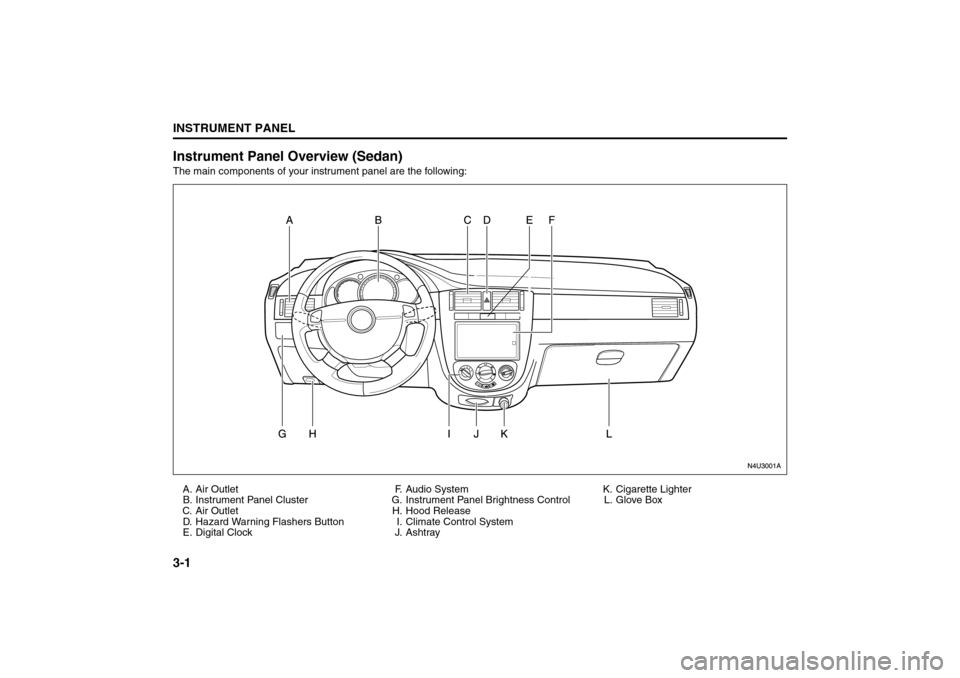 SUZUKI FORENZA 2008 1.G Owners Manual 3-1INSTRUMENT PANEL
85Z04-03E
Instrument Panel Overview (Sedan)The main components of your instrument panel are the following:
A. Air Outlet
B. Instrument Panel Cluster
C. Air Outlet
D. Hazard Warning