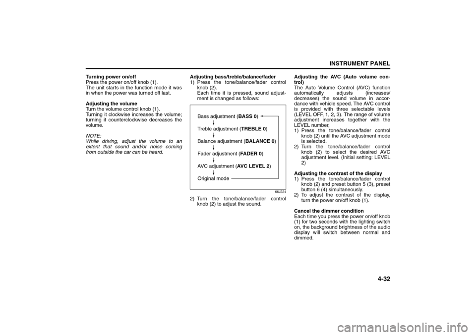 SUZUKI GRAND VITARA 2008 3.G Owners Manual 4-32
INSTRUMENT PANEL
66J22-03E
Turning power on/off
Press the power on/off knob (1).
The unit starts in the function mode it was
in when the power was turned off last.
Adjusting the volume
Turn the v SUZUKI GRAND VITARA 2008 3.G Owners Manual 4-32
INSTRUMENT PANEL
66J22-03E
Turning power on/off
Press the power on/off knob (1).
The unit starts in the function mode it was
in when the power was turned off last.
Adjusting the volume
Turn the v