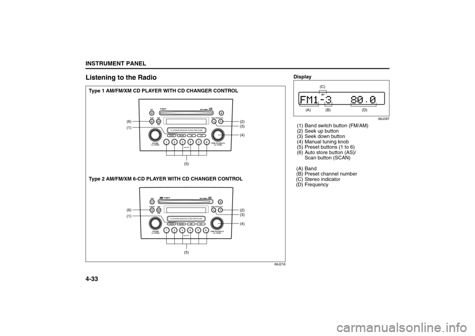 SUZUKI GRAND VITARA 2008 3.G Owners Manual 4-33INSTRUMENT PANEL
66J22-03E
Listening to the Radio
66J216
(1)
(4)(6)
(2)
(3)
(5)
(1)
(4)(6)
(2)
(3)
(5)
Type 1 AM/FM/XM CD PLAYER WITH CD CHANGER CONTROL
Type 2 AM/FM/XM 6-CD PLAYER WITH CD CHANGER