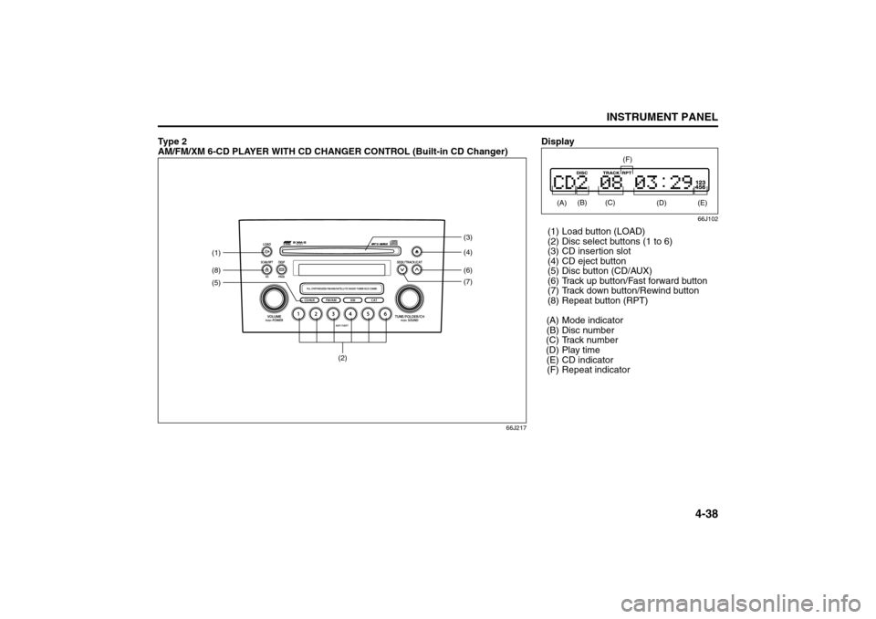 SUZUKI GRAND VITARA 2008 3.G Owners Manual 4-38
INSTRUMENT PANEL
66J22-03E
Ty p e 2
AM/FM/XM 6-CD PLAYER WITH CD CHANGER CONTROL (Built-in CD Changer)
66J217
(2)
(5)(1)(8)
(6)(4) (3)
(7)
Display
66J102
(1) Load button (LOAD)
(2) Disc select SUZUKI GRAND VITARA 2008 3.G Owners Manual 4-38
INSTRUMENT PANEL
66J22-03E
Ty p e 2
AM/FM/XM 6-CD PLAYER WITH CD CHANGER CONTROL (Built-in CD Changer)
66J217
(2)
(5)(1)(8)
(6)(4) (3)
(7)
Display
66J102
(1) Load button (LOAD)
(2) Disc select