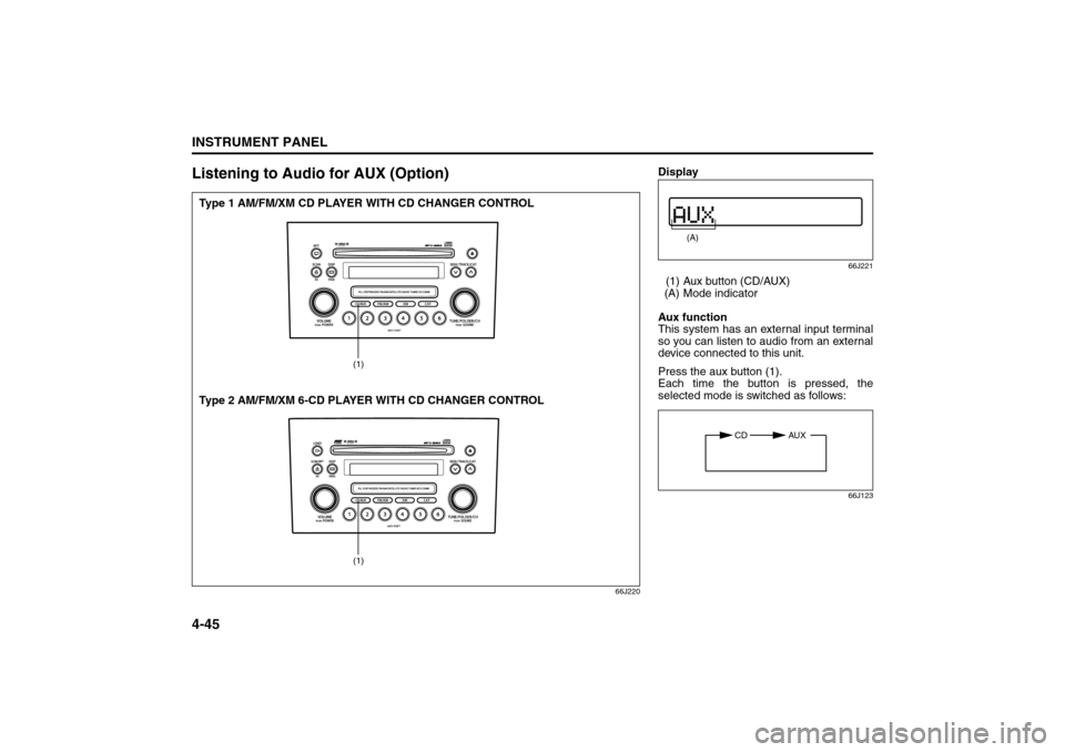SUZUKI GRAND VITARA 2008 3.G Owners Manual 4-45INSTRUMENT PANEL
66J22-03E
Listening to Audio for AUX (Option)
66J220
(1)(1)
Type 1 AM/FM/XM CD PLAYER WITH CD CHANGER CONTROL
Type 2 AM/FM/XM 6-CD PLAYER WITH CD CHANGER CONTROL
Display
66J221
(1
