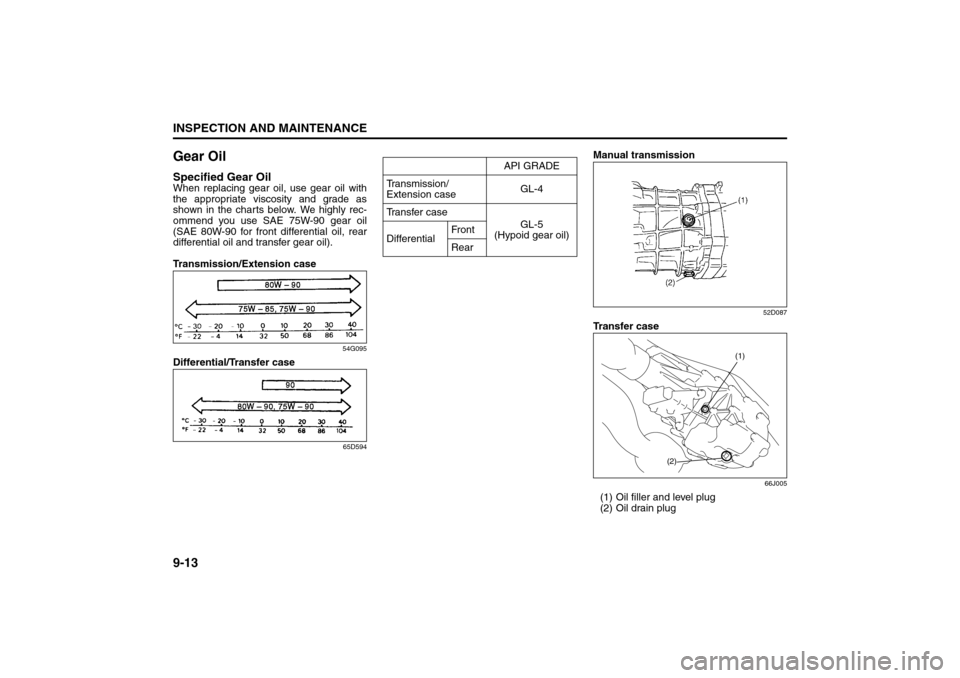 SUZUKI GRAND VITARA 2008 3.G Owners Manual 9-13INSPECTION AND MAINTENANCE
66J22-03E
Gear OilSpecified Gear OilWhen replacing gear oil, use gear oil with
the appropriate viscosity and grade as
shown in the charts below. We highly rec-
ommend yo SUZUKI GRAND VITARA 2008 3.G Owners Manual 9-13INSPECTION AND MAINTENANCE
66J22-03E
Gear OilSpecified Gear OilWhen replacing gear oil, use gear oil with
the appropriate viscosity and grade as
shown in the charts below. We highly rec-
ommend yo