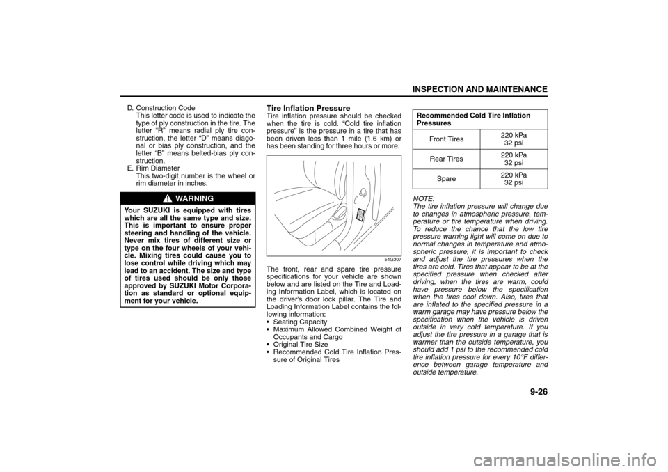 SUZUKI GRAND VITARA 2008 3.G Owners Manual 9-26
INSPECTION AND MAINTENANCE
66J22-03E
D. Construction Code 
This letter code is used to indicate the
type of ply construction in the tire. The
letter “R” means radial ply tire con-
struction, 