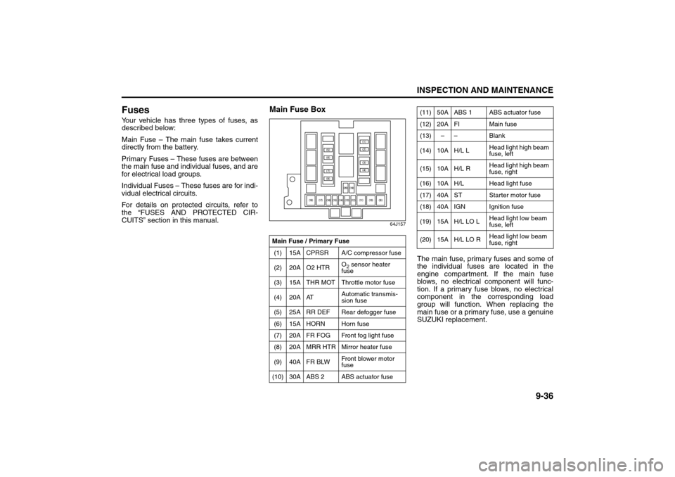 SUZUKI GRAND VITARA 2008 3.G Owners Manual 9-36
INSPECTION AND MAINTENANCE
66J22-03E
FusesYour vehicle has three types of fuses, as
described below:
Main Fuse – The main fuse takes current
directly from the battery.
Primary Fuses – These f