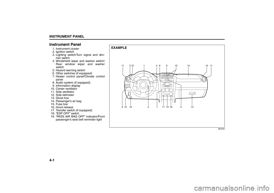 SUZUKI GRAND VITARA 2008 3.G Manual PDF 4-1INSTRUMENT PANEL
66J22-03E
Instrument Panel1. Instrument cluster
2. Ignition switch
3. Lighting switch/Turn signal and dim-
mer switch
4. Windshield wiper and washer switch/
Rear window wiper and w SUZUKI GRAND VITARA 2008 3.G Manual PDF 4-1INSTRUMENT PANEL
66J22-03E
Instrument Panel1. Instrument cluster
2. Ignition switch
3. Lighting switch/Turn signal and dim-
mer switch
4. Windshield wiper and washer switch/
Rear window wiper and w