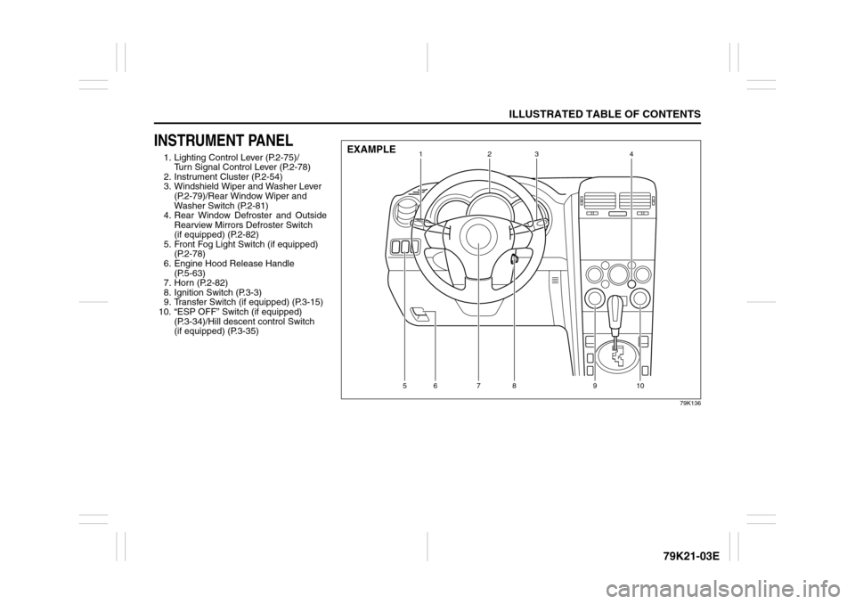 SUZUKI GRAND VITARA 2010 3.G User Guide ILLUSTRATED TABLE OF CONTENTS
79K21-03E
INSTRUMENT PANEL1. Lighting Control Lever (P.2-75)/
Turn Signal Control Lever (P.2-78)
2. Instrument Cluster (P.2-54)
3. Windshield Wiper and Washer Lever
(P.2 SUZUKI GRAND VITARA 2010 3.G User Guide ILLUSTRATED TABLE OF CONTENTS
79K21-03E
INSTRUMENT PANEL1. Lighting Control Lever (P.2-75)/
Turn Signal Control Lever (P.2-78)
2. Instrument Cluster (P.2-54)
3. Windshield Wiper and Washer Lever
(P.2